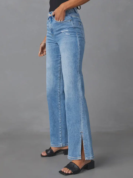 High Waist Slit Leg Stretch Jean
