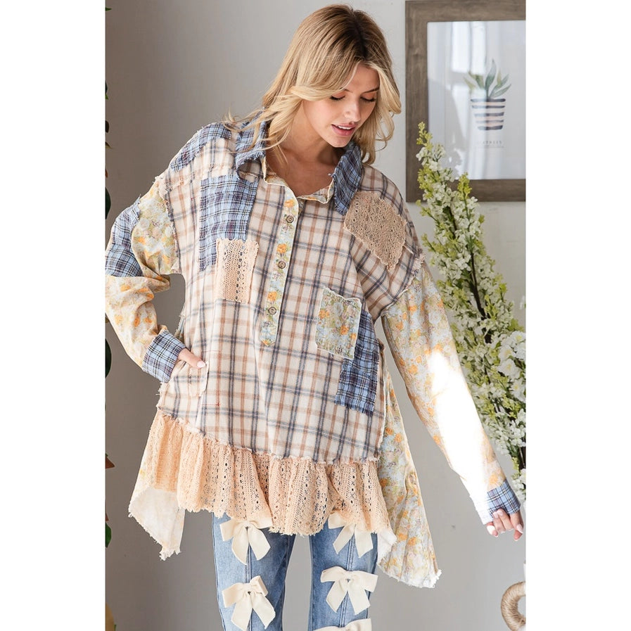 Washed Ruffle Hem Plaid Mix Top