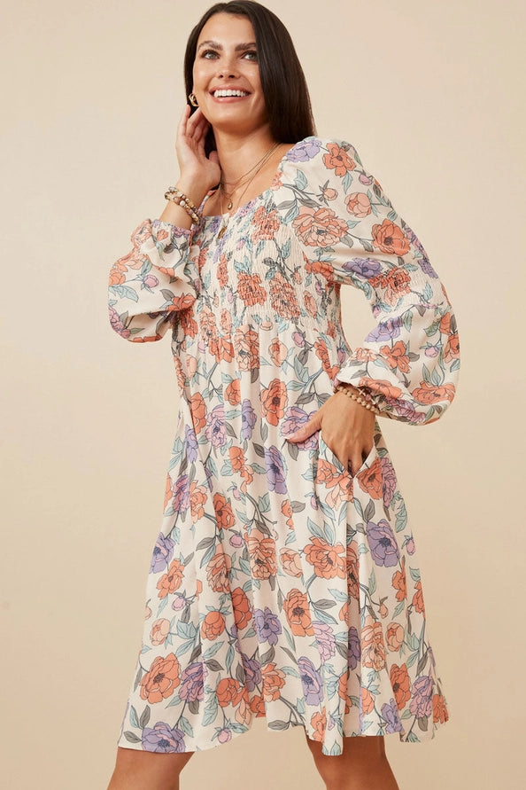 Floral Smocked Knee Length Dress