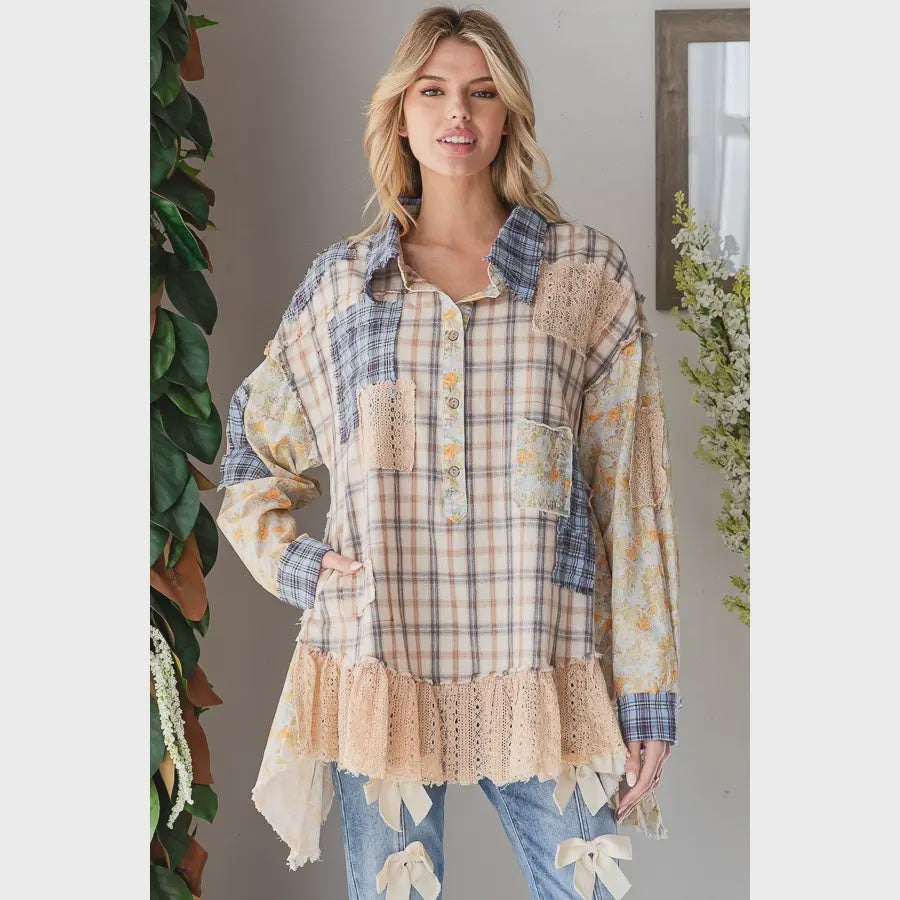 Washed Ruffle Hem Plaid Mix Top
