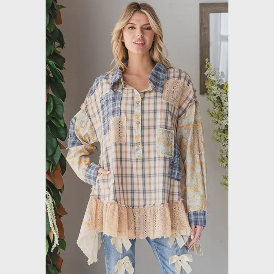Washed Ruffle Hem Plaid Mix Top