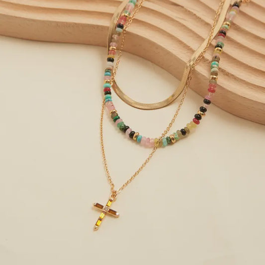 Eliana Beaded Layered Cross Necklace