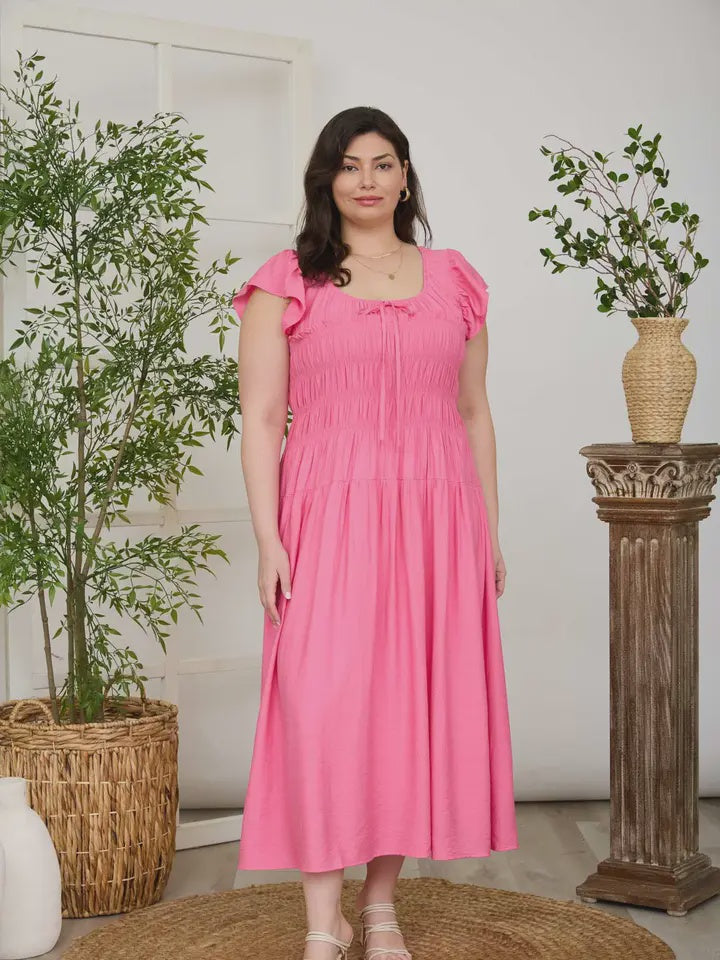 Shirred Bodice Ruffle Sleeve Midi Dress
