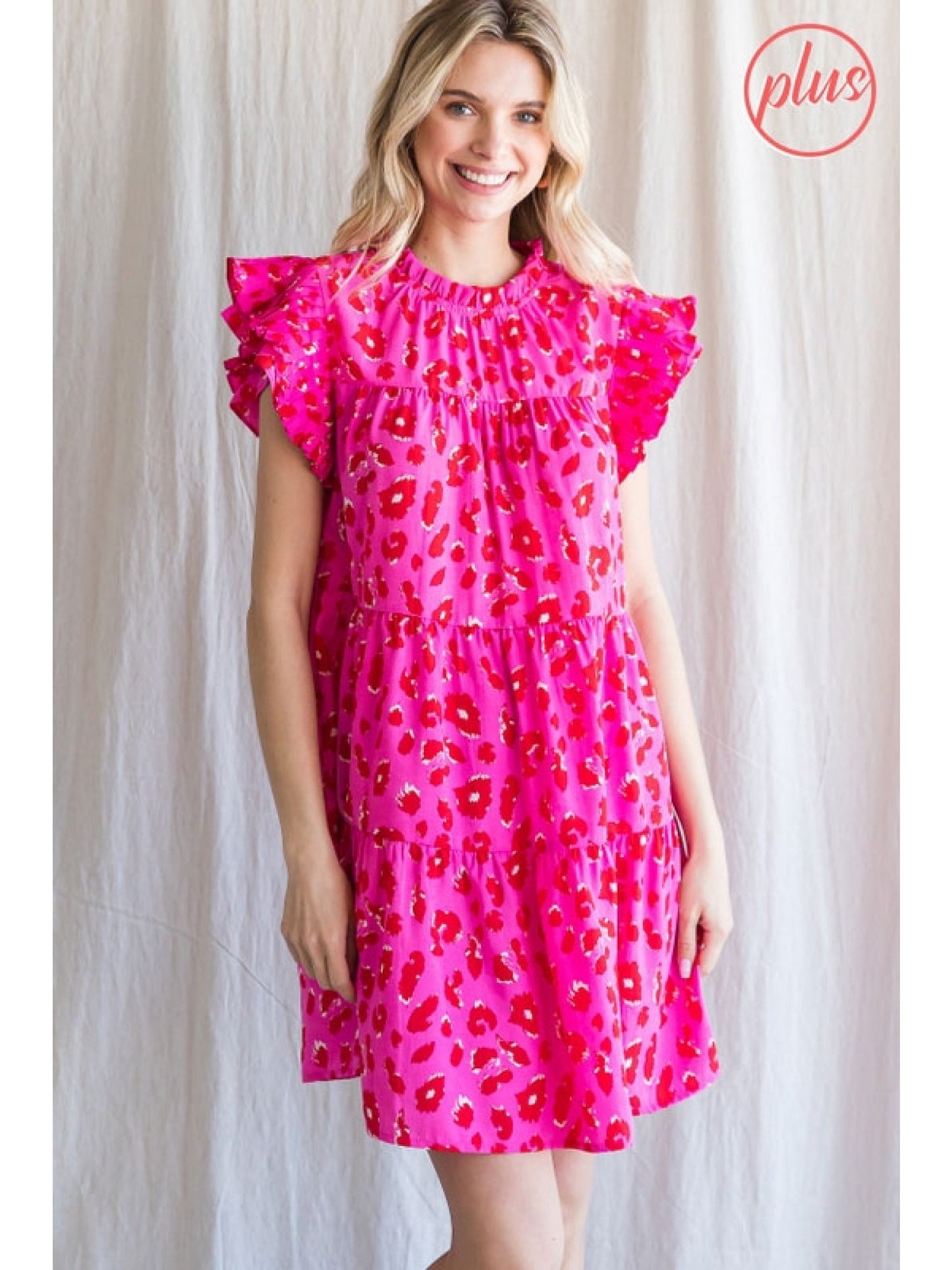 Hot Pink Leopard Print Ruffle Sleeve Tiered Dress