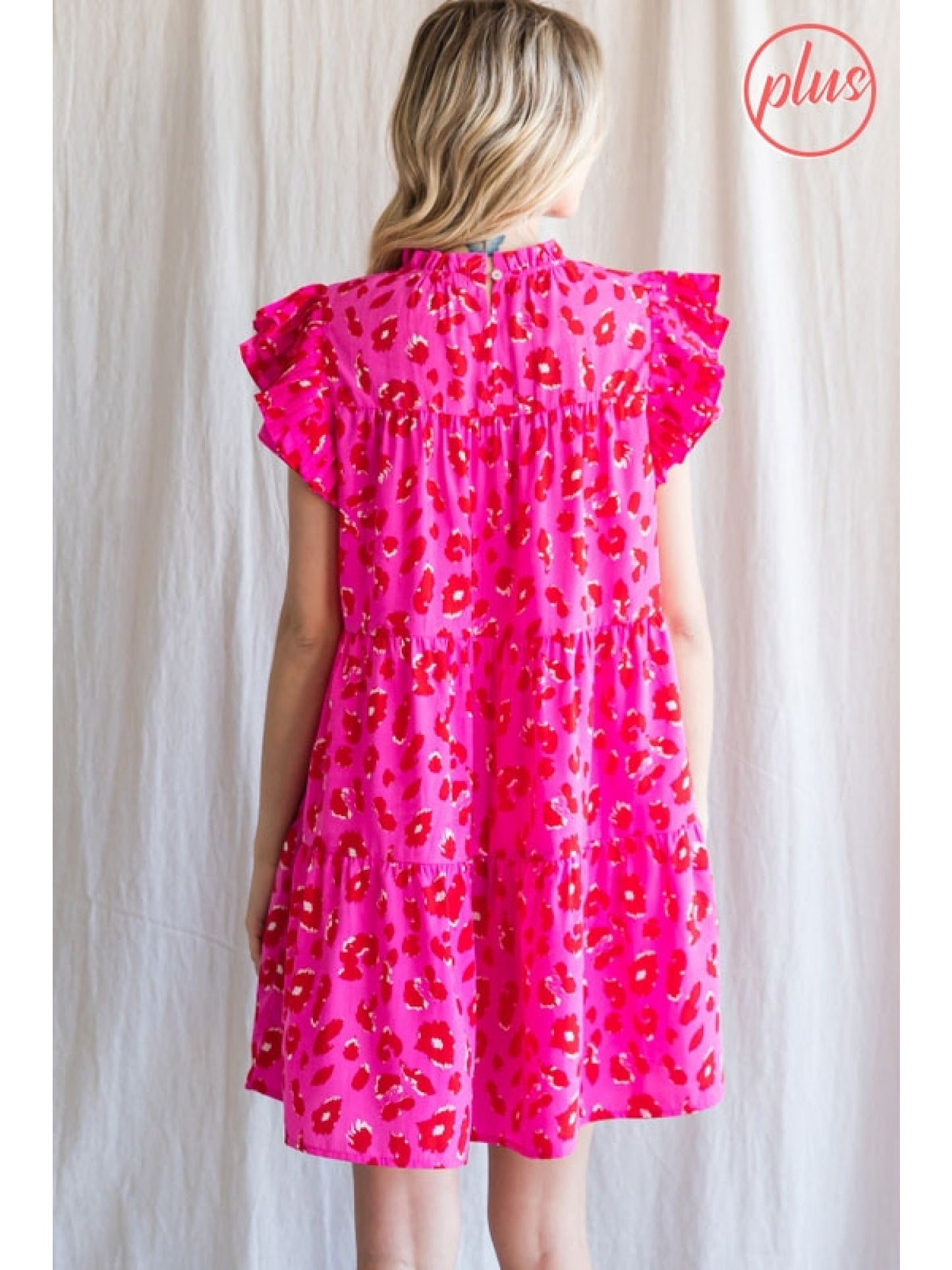 Hot Pink Leopard Print Ruffle Sleeve Tiered Dress