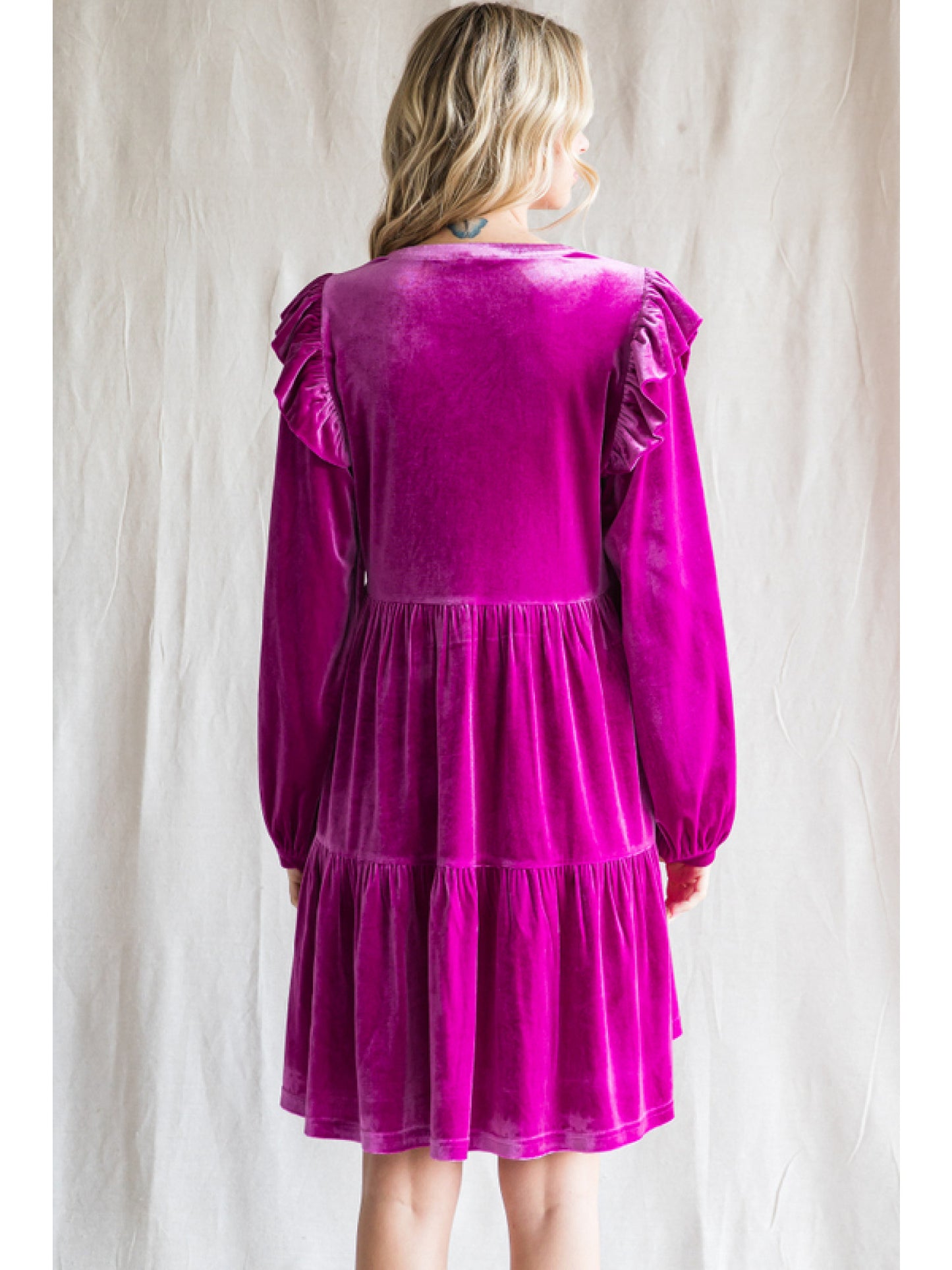 Velvet Ruffle Tiered Long Sleeve Dress