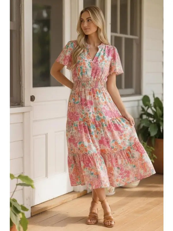 Notch Neck Smocked Waist Maxi