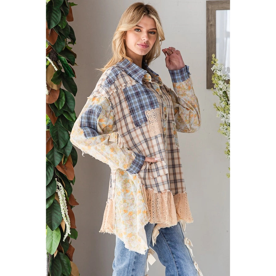 Washed Ruffle Hem Plaid Mix Top