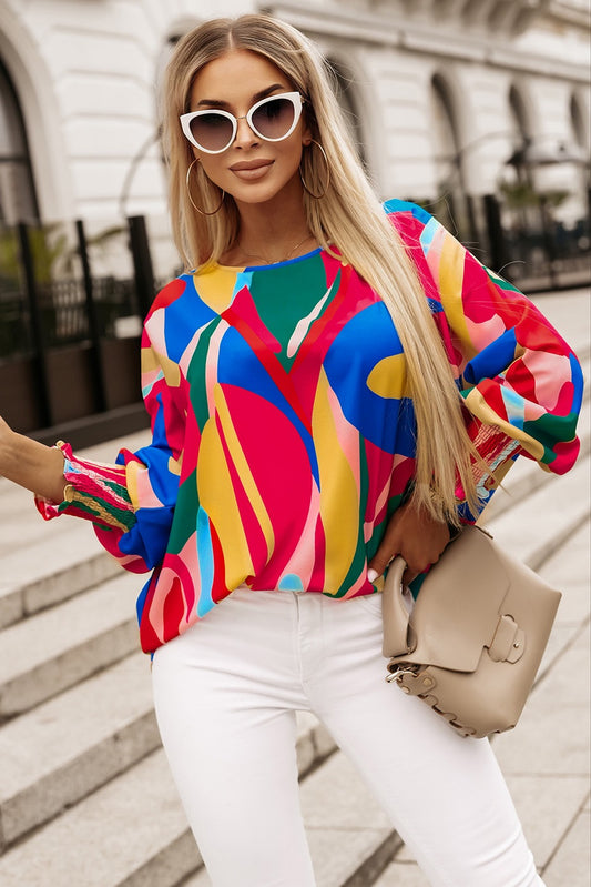 Abstract Colorful Puff Sleeve Blouse