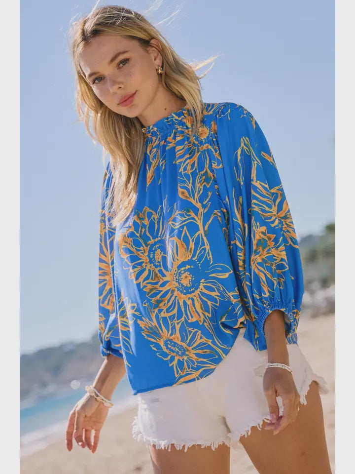 Blue Sunflower Ruffle Neckline Top