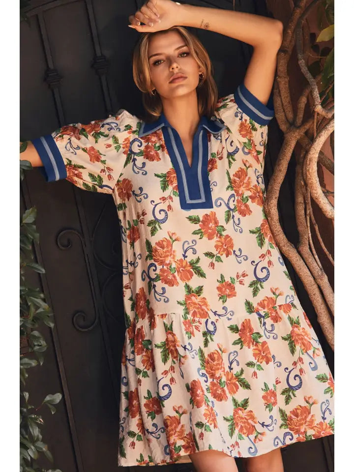 Floral Tiered Blue Trim Dress