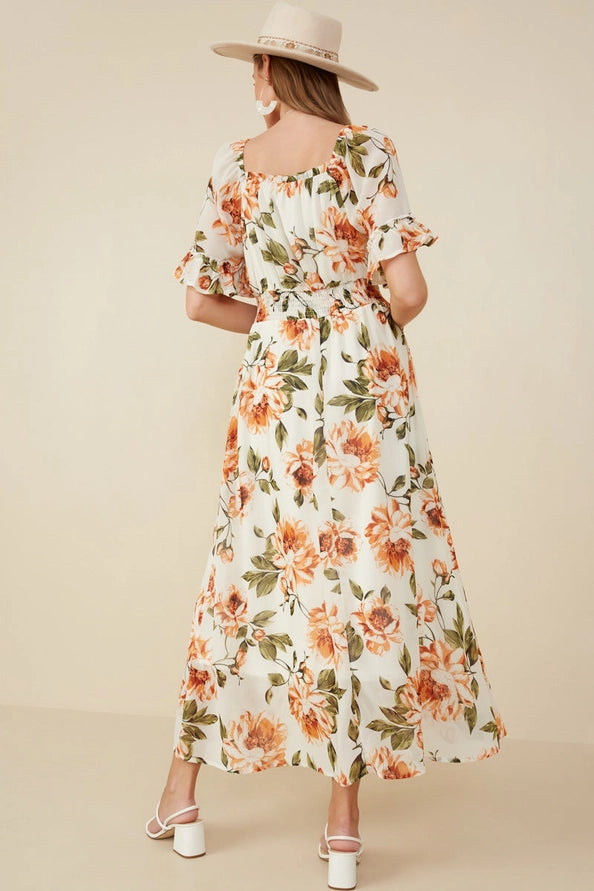 Floral Smocked Waist Square Neck Dress