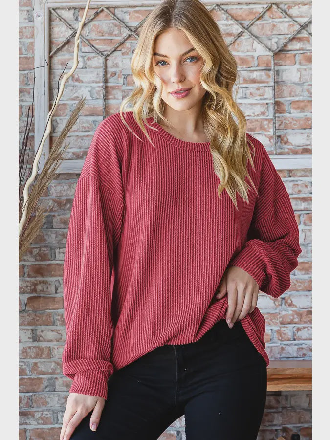 Ribbed Long Sleeve Solid Top