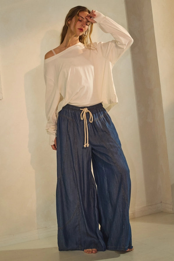 Chambray Denim Wide Palazzo Pant