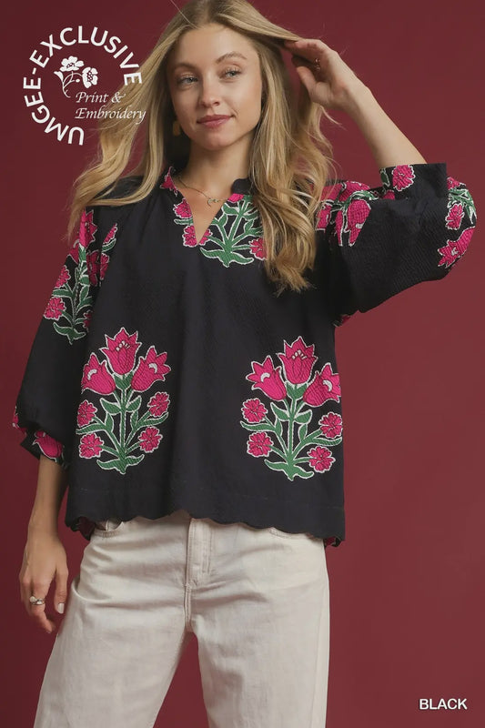 Black Bubble Sleeve Tulip Print Blouse