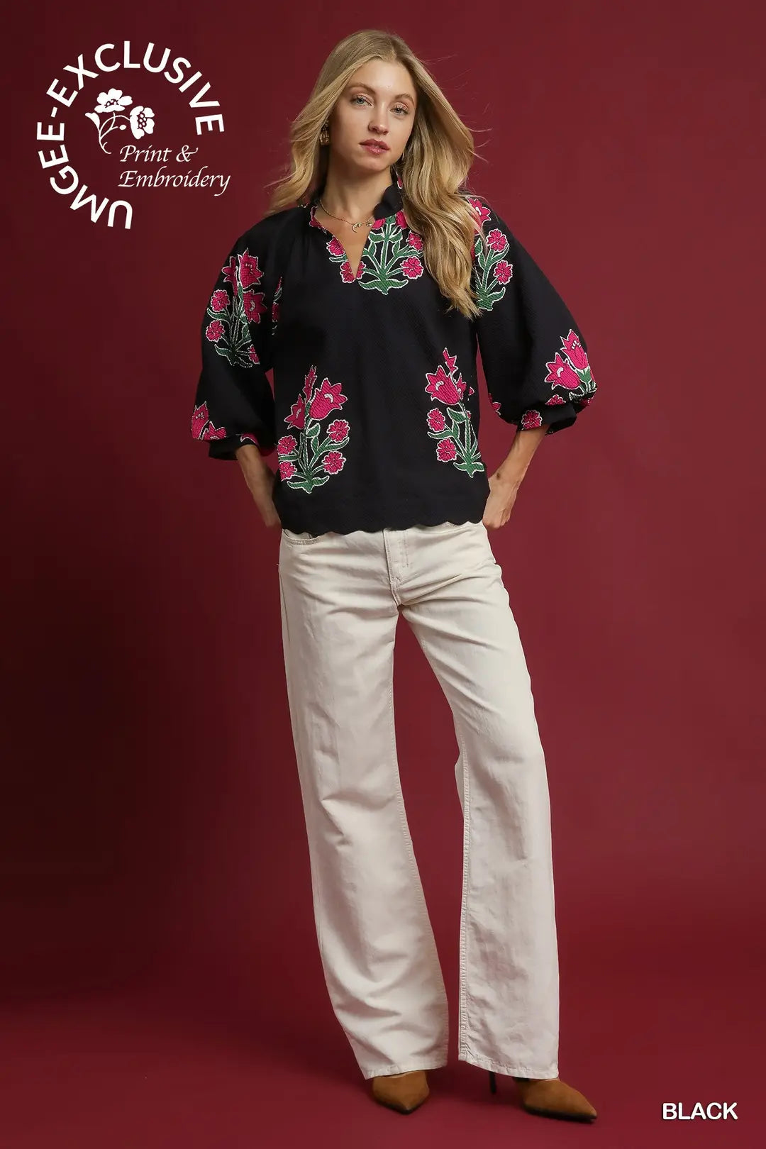 Black Bubble Sleeve Tulip Print Blouse