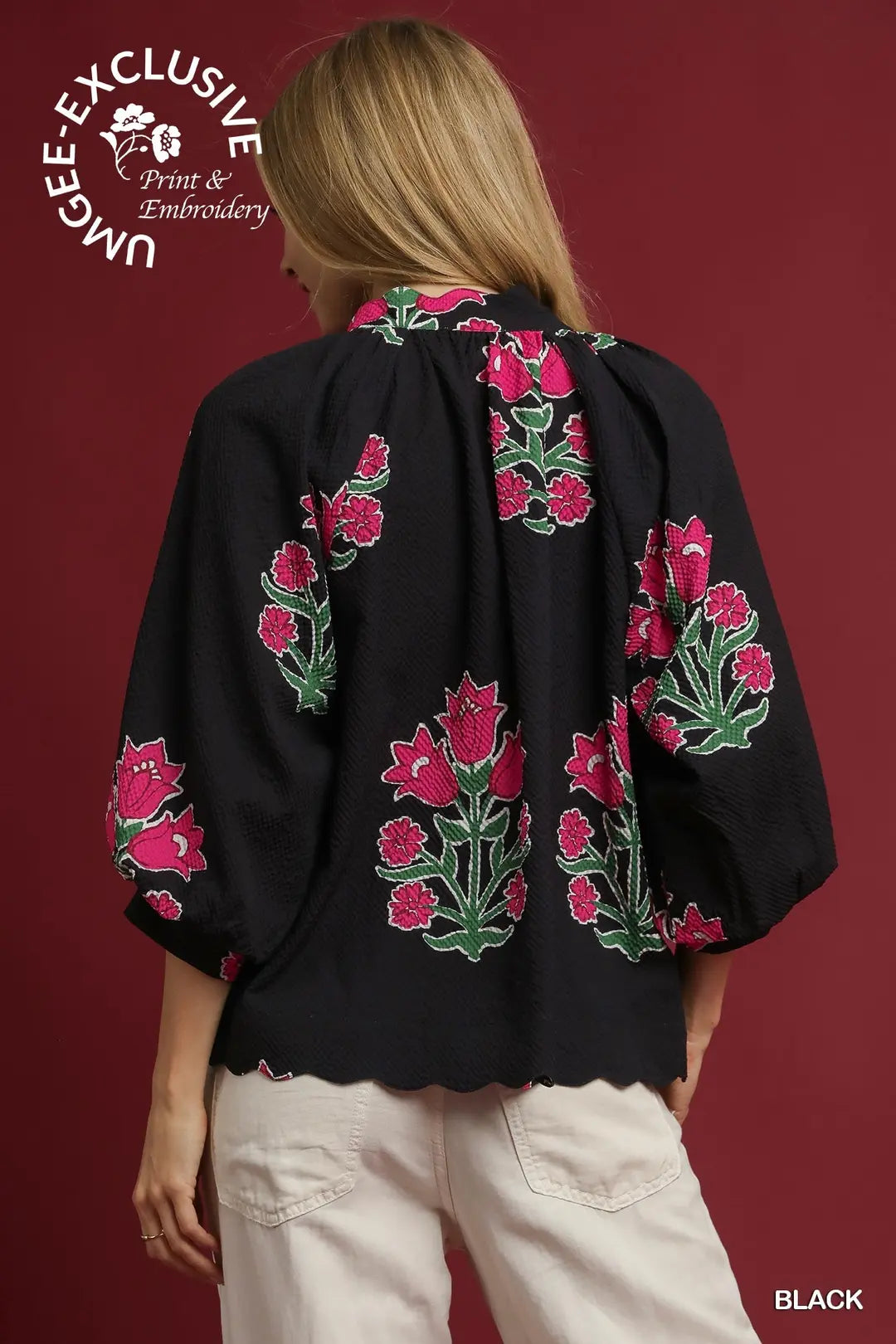 Black Bubble Sleeve Tulip Print Blouse