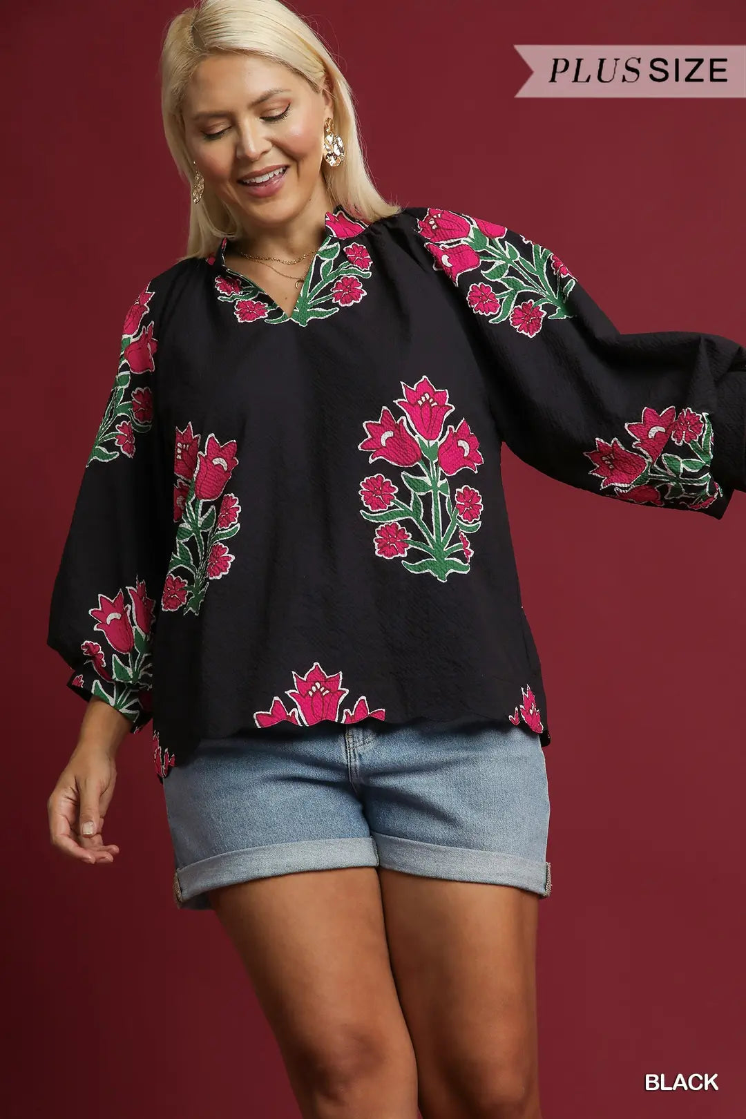 Black Bubble Sleeve Tulip Print Blouse