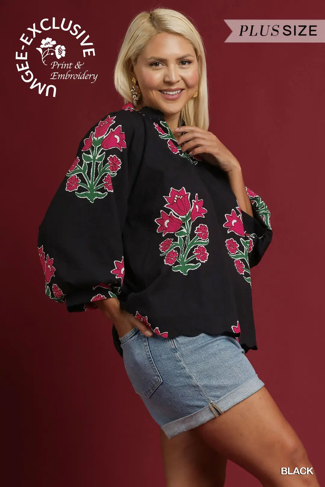 Black Bubble Sleeve Tulip Print Blouse