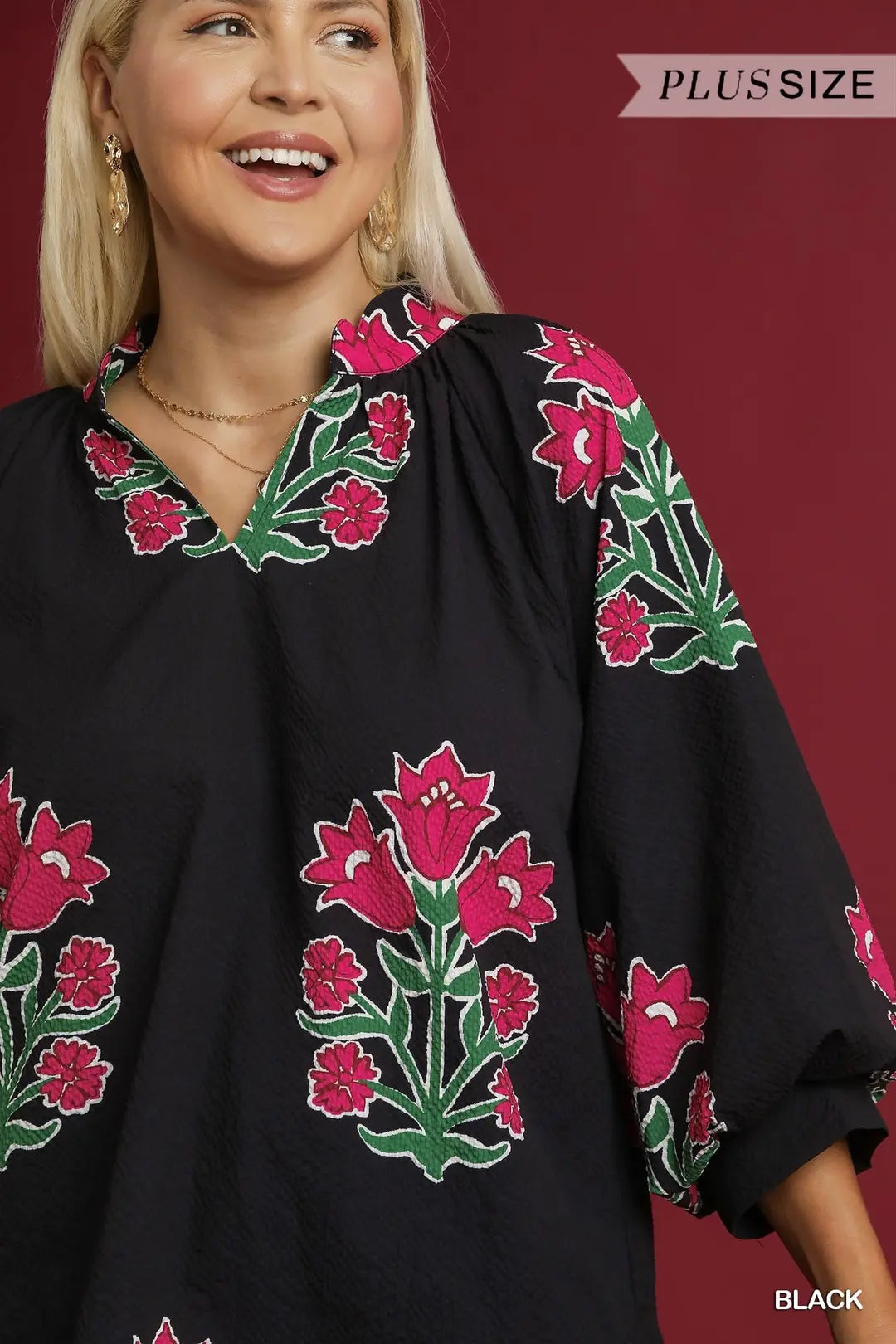 Black Bubble Sleeve Tulip Print Blouse