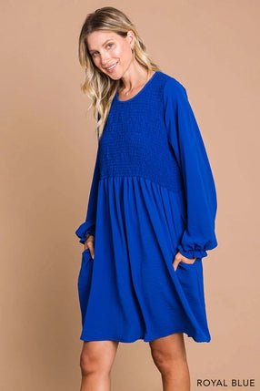 Smocked long sleeve plus dress