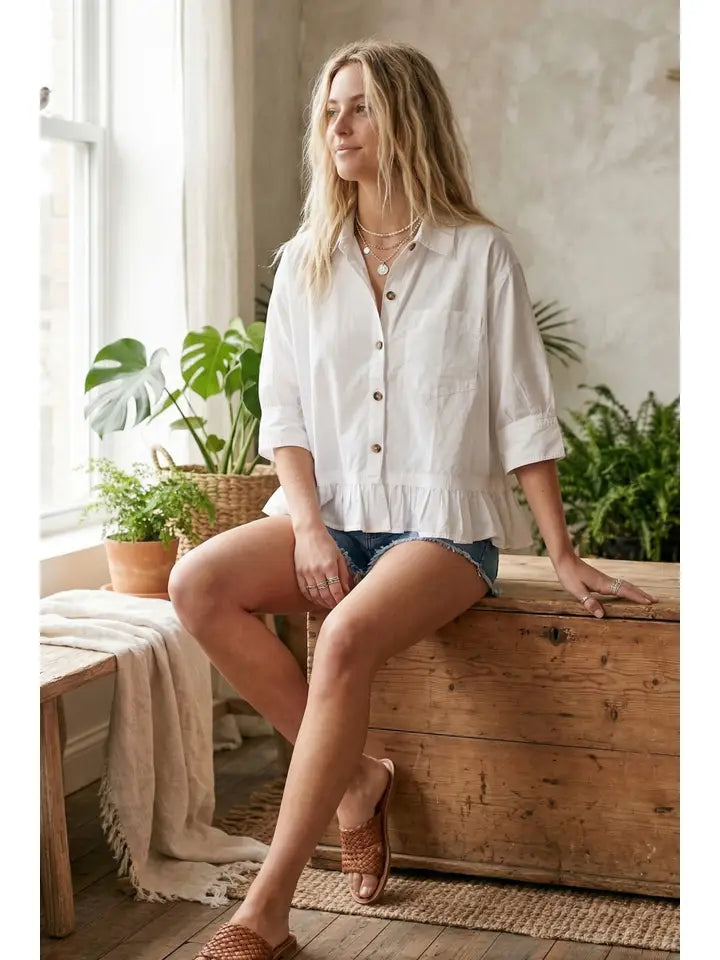 Ruffle Hem Button Poplin Top