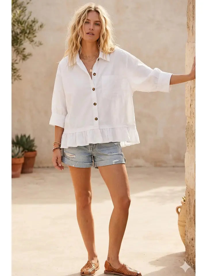 Ruffle Hem Button Poplin Top
