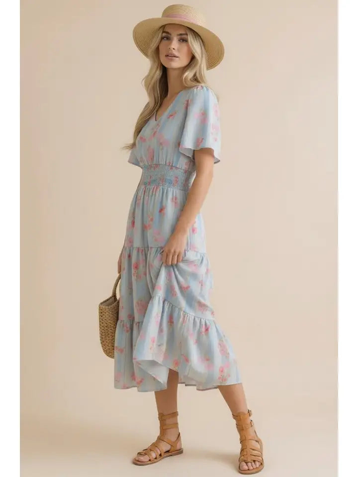 Floral Smocked Waist Tiered Midi Dress