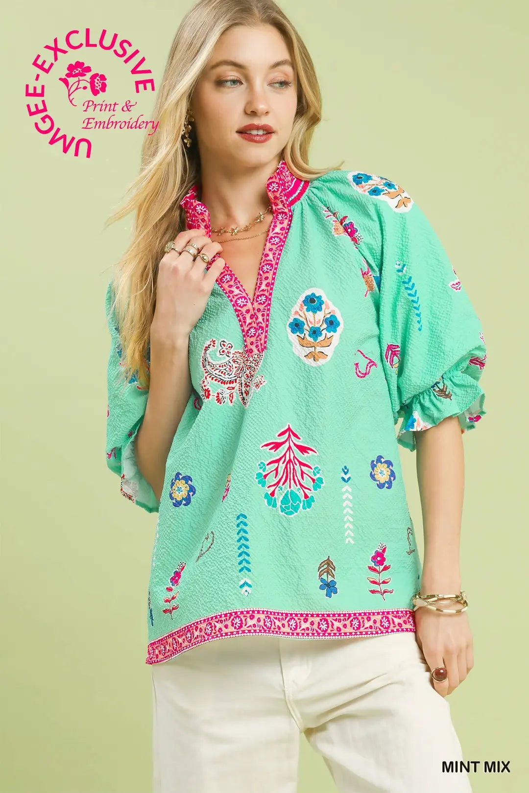 Floral Print v-neck Smocked Collar