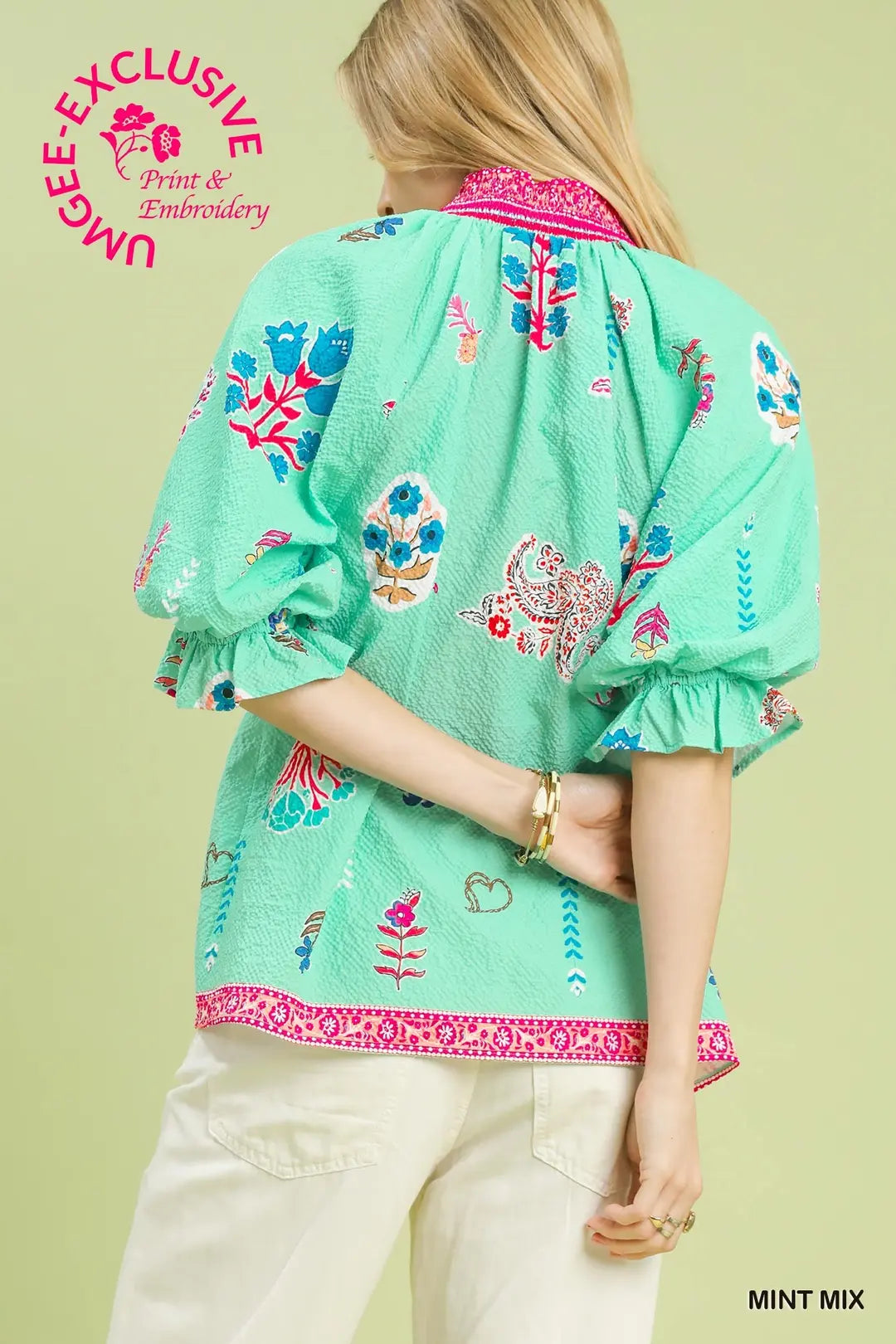 Floral Print v-neck Smocked Collar
