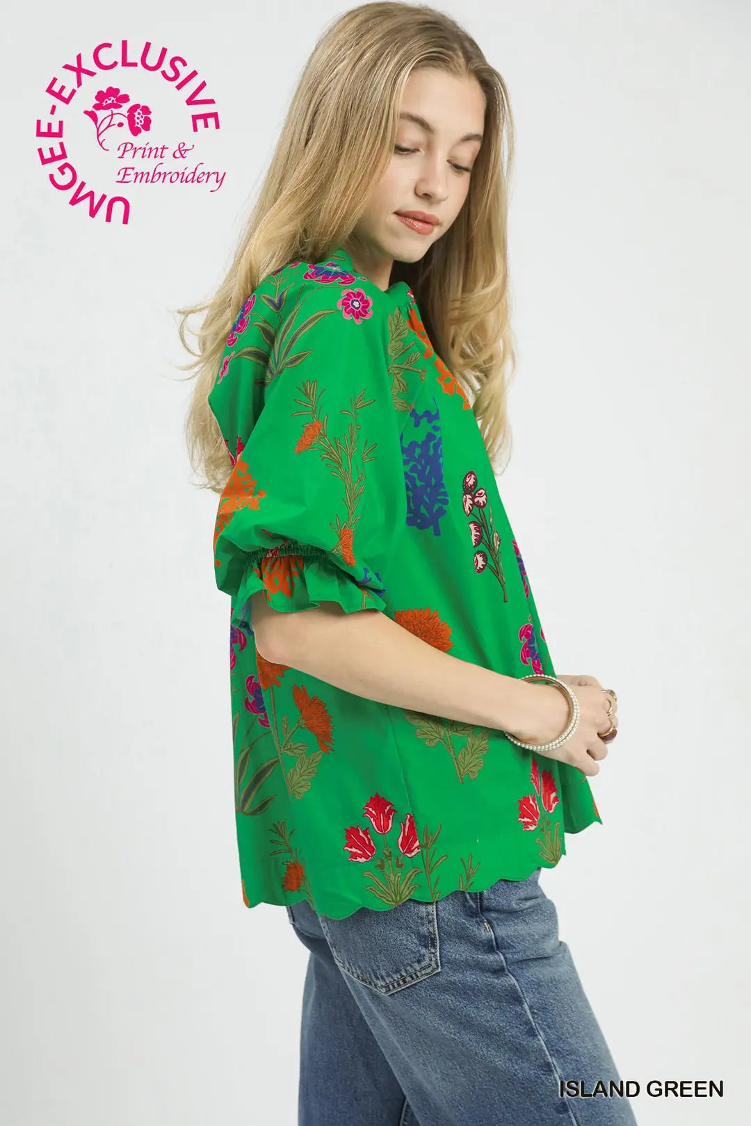 Green Floral Scalloped Hem Blouse