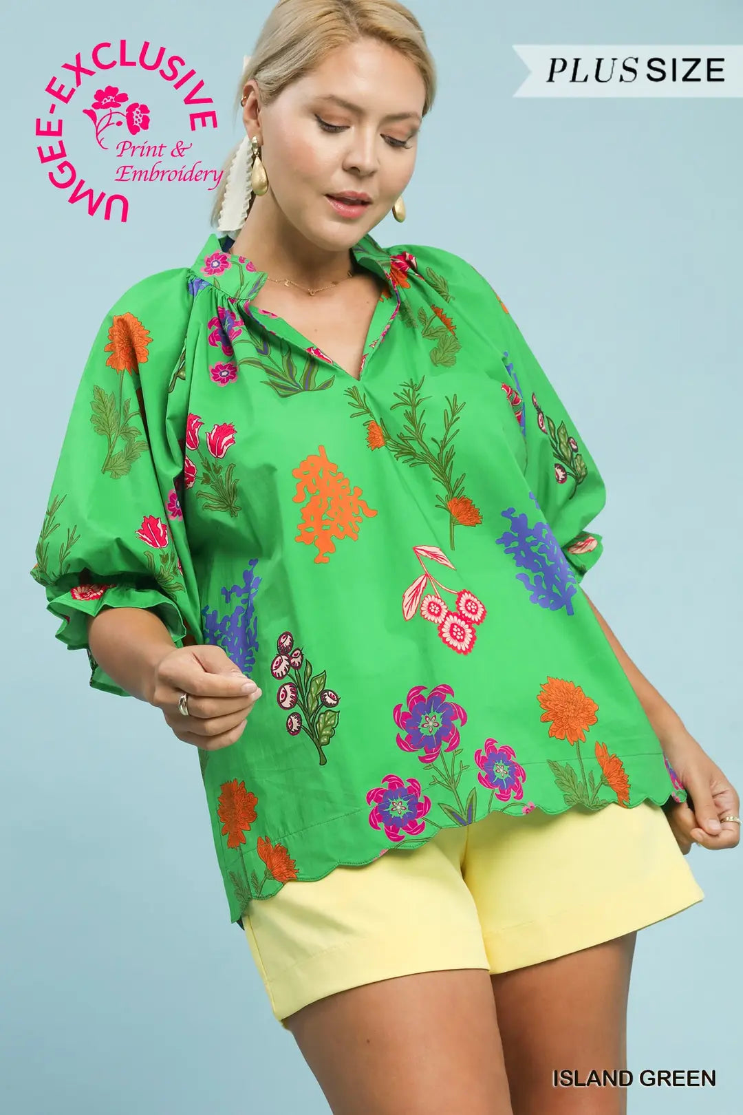 Green Floral Scalloped Hem Blouse