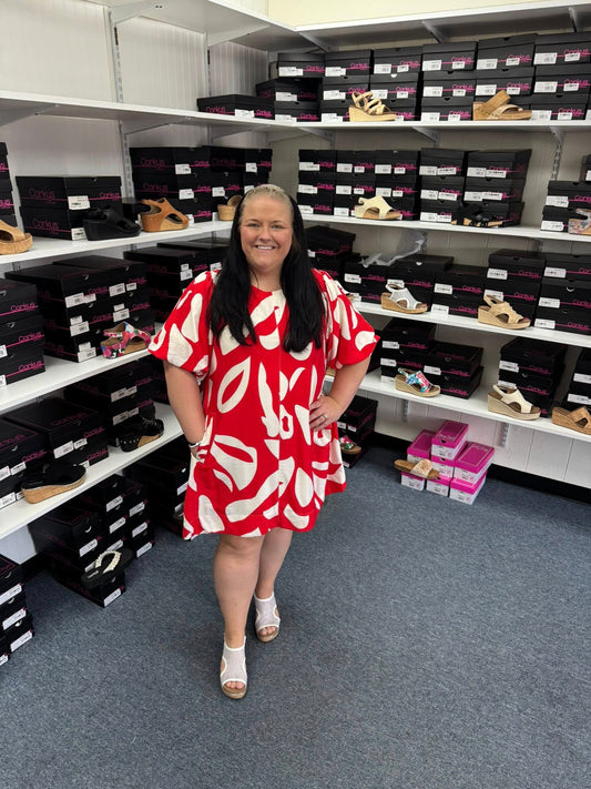 Red & White Puff Sleeve Dress