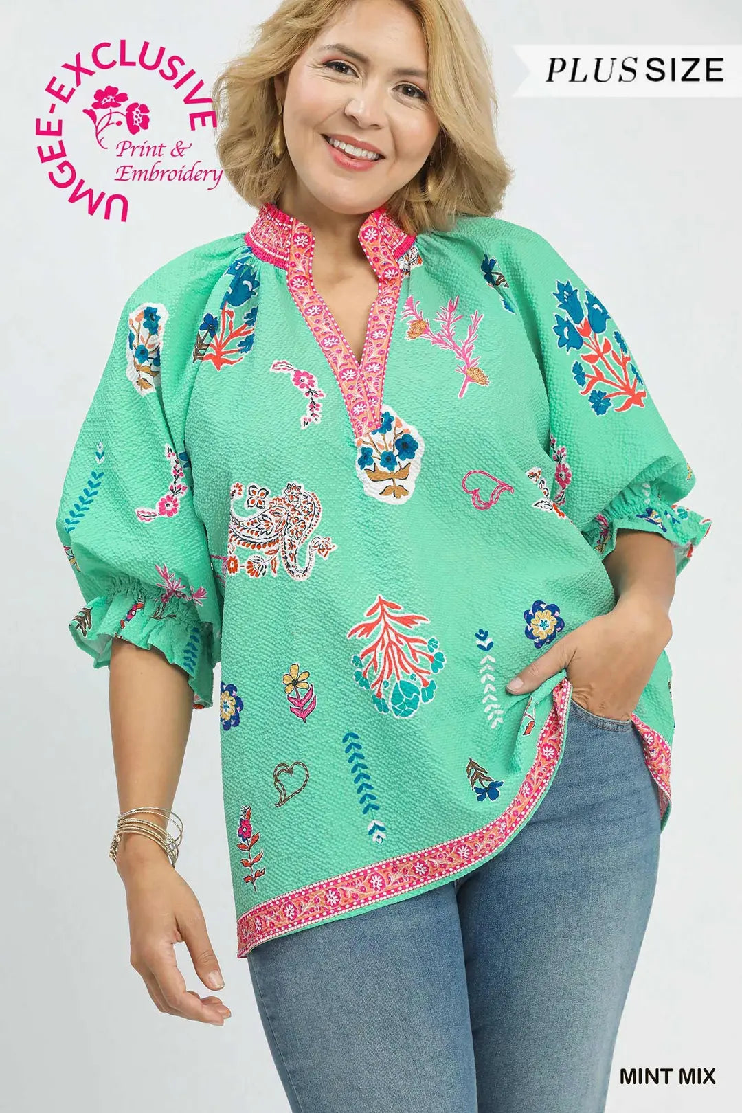 Floral Print v-neck Smocked Collar