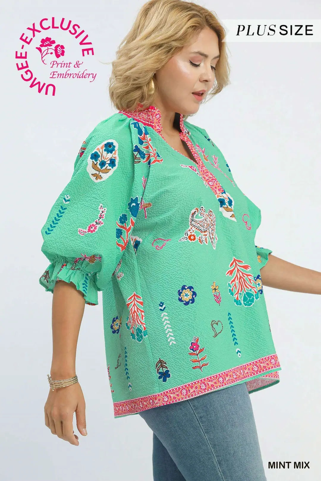 Floral Print v-neck Smocked Collar