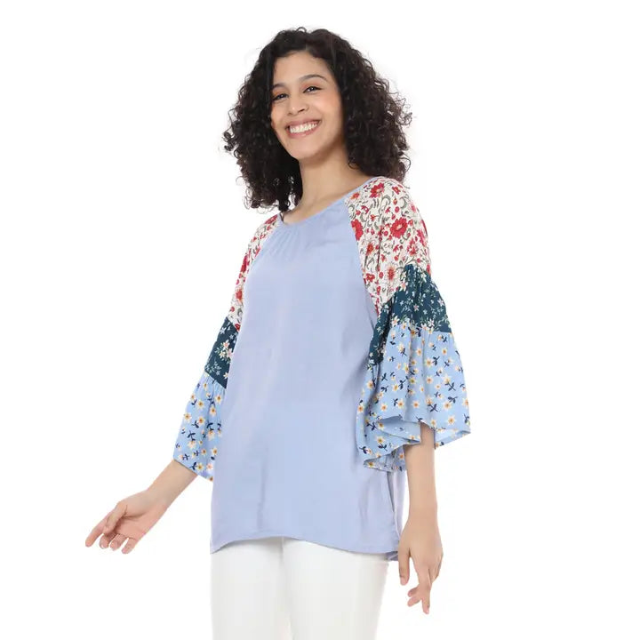 Blue Floral Sleeve Blouse