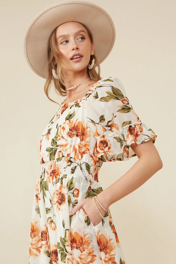 Floral Smocked Waist Square Neck Dress