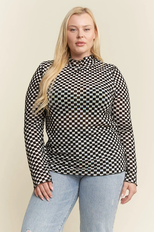 Checkered Mesh Mock Neck Top