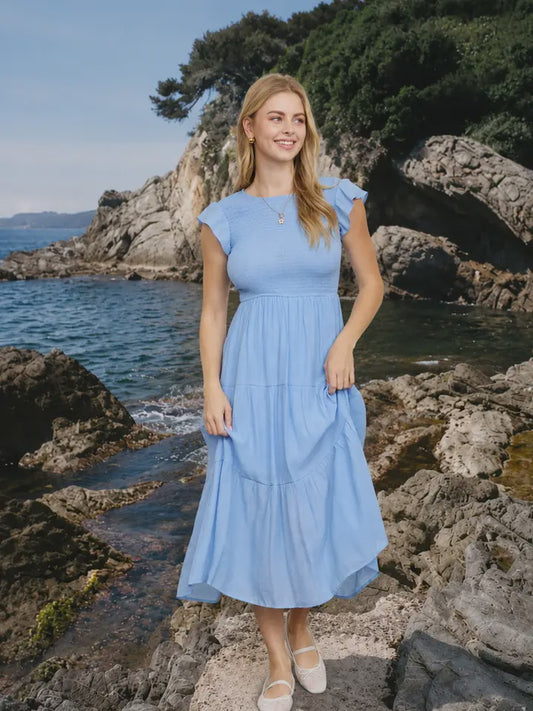 Flutter Sleeve Smocked Midi Dress