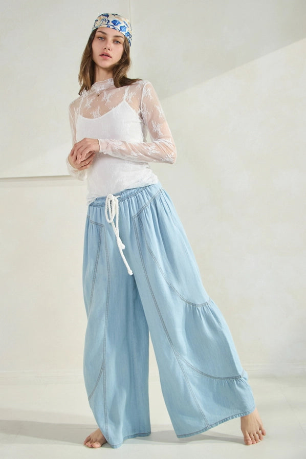 Chambray Denim Wide Palazzo Pant