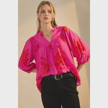 Fuchsia Floral Print 3/4 Sleeve Blouse
