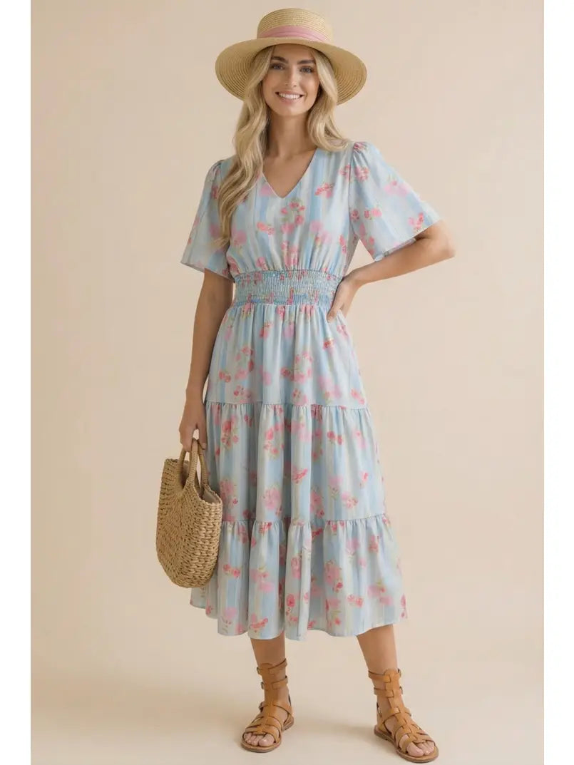 Floral Smocked Waist Tiered Midi Dress