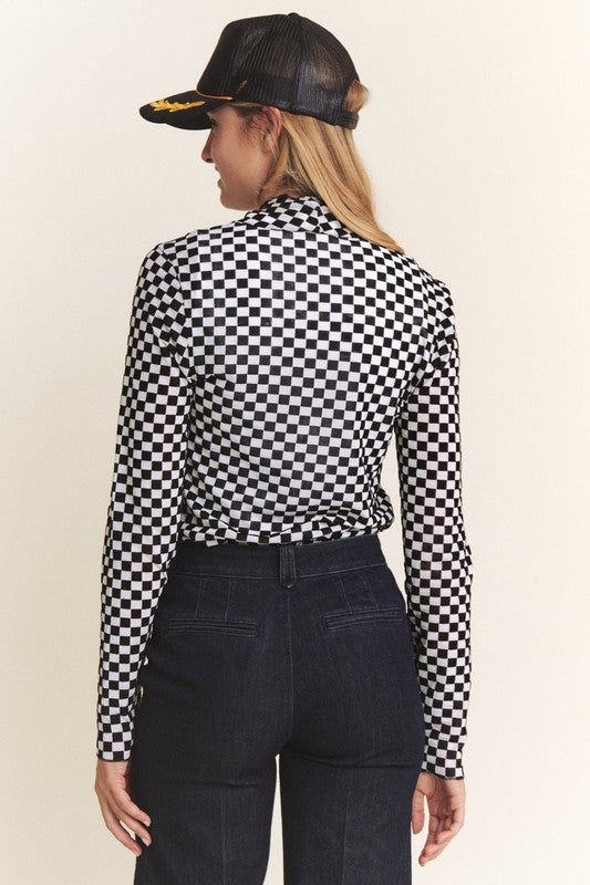 Long Sleeve Checkered Mesh Top