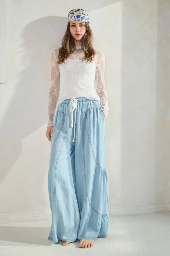 Chambray Denim Wide Palazzo Pant