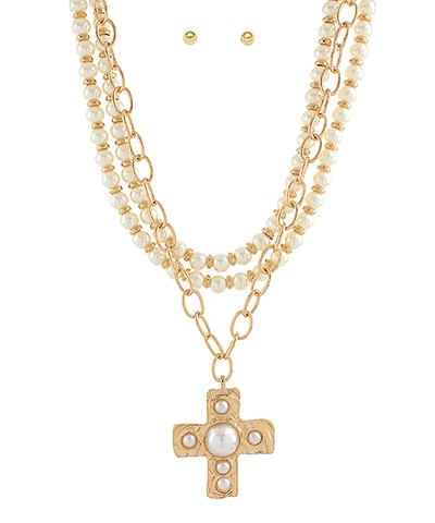 3 Layered Cross Pearl Necklace