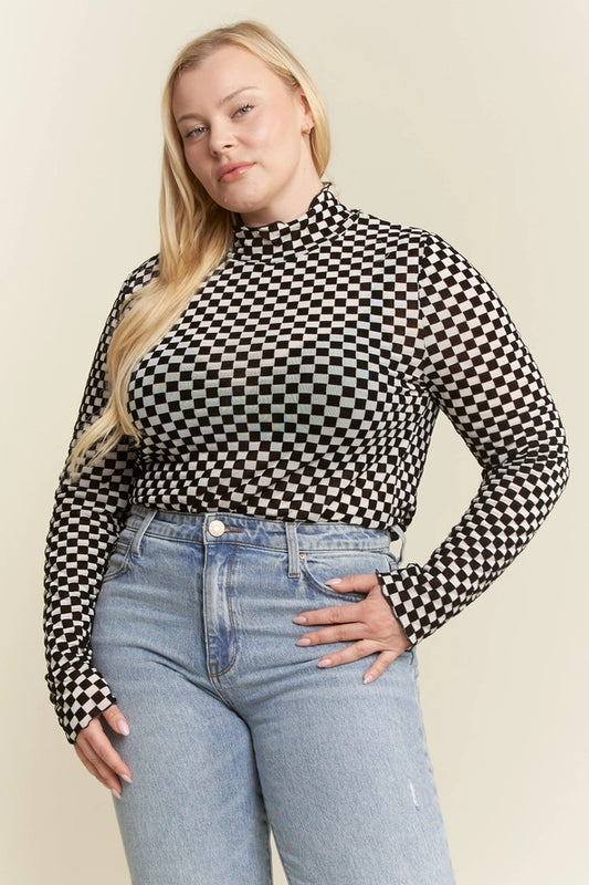 Checkered Mesh Mock Neck Top