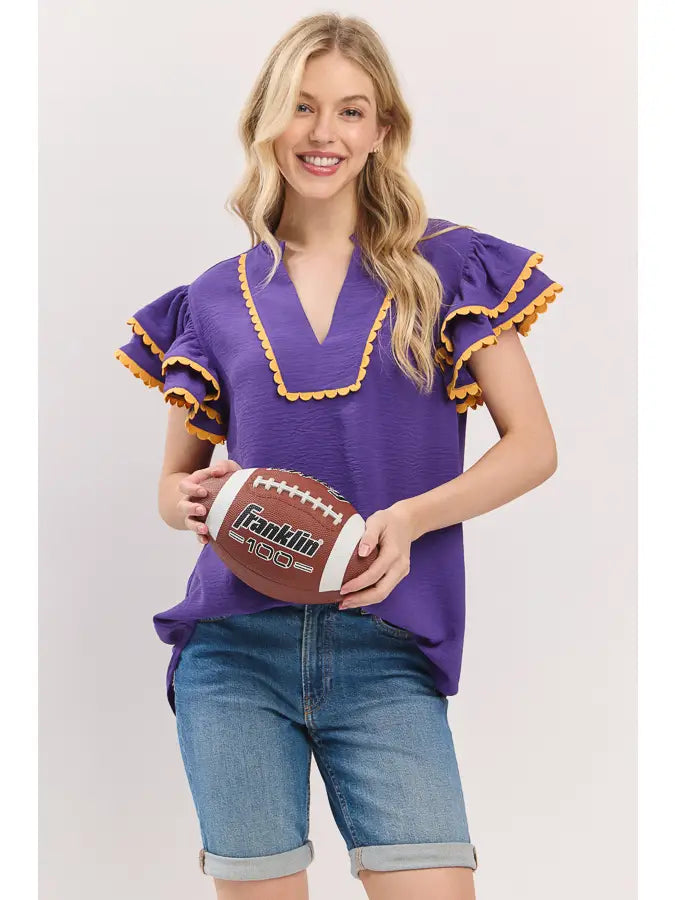 Ruffle Sleeve Scallop Trim Top