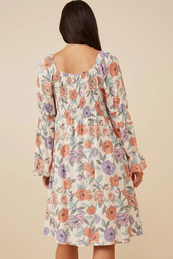 Floral Smocked Knee Length Dress