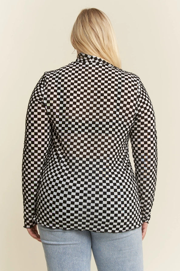 Checkered Mesh Mock Neck Top