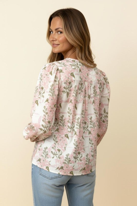 Pin Tuck Button Floral Woven Blouse